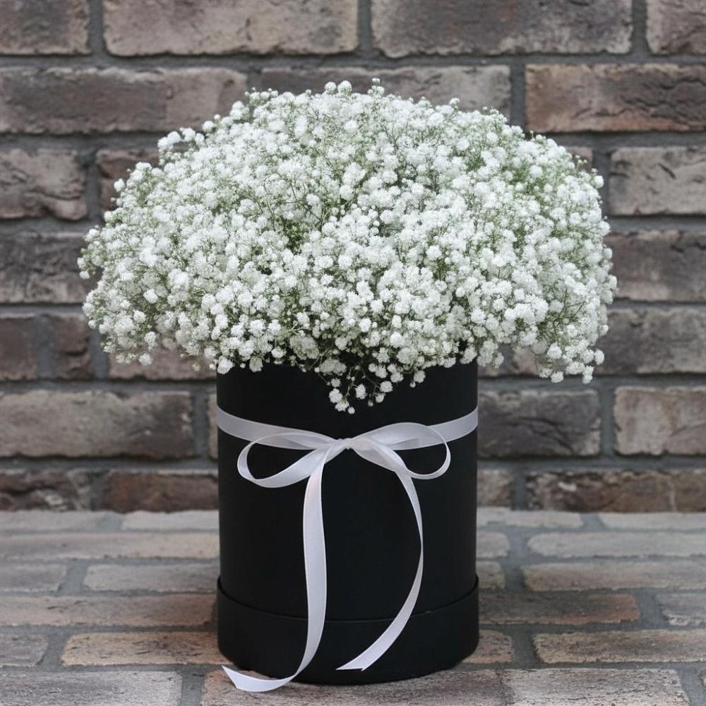 Композиция коробка гипсофил в городе Вышний Волочёк Цветочная композиция из Гипсофила в шляпной коробке в городе Вышний Волочёк