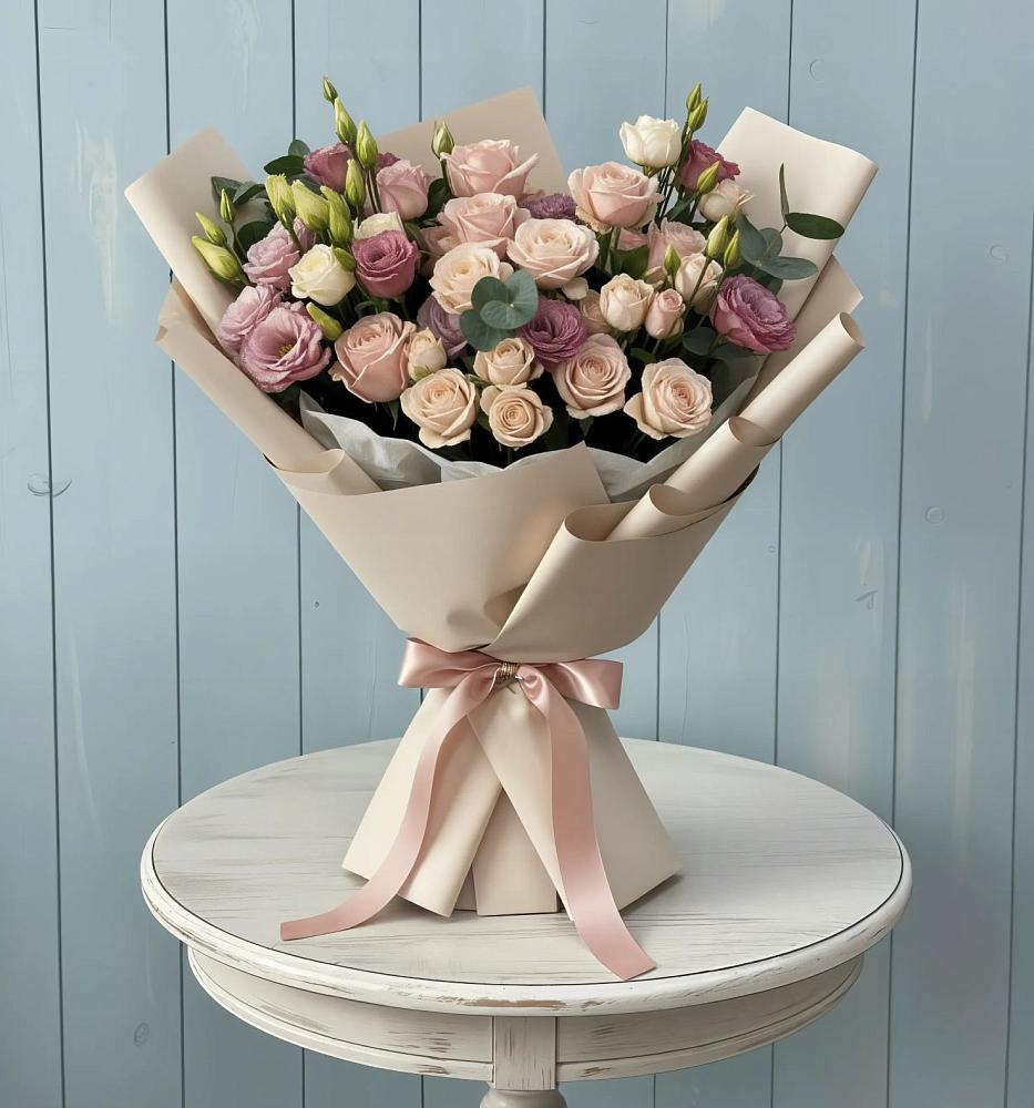 Букет бодрость в городе Вышний Волочёк Букет цветов из: Розы и Лизиантусы в городе Вышний Волочёк